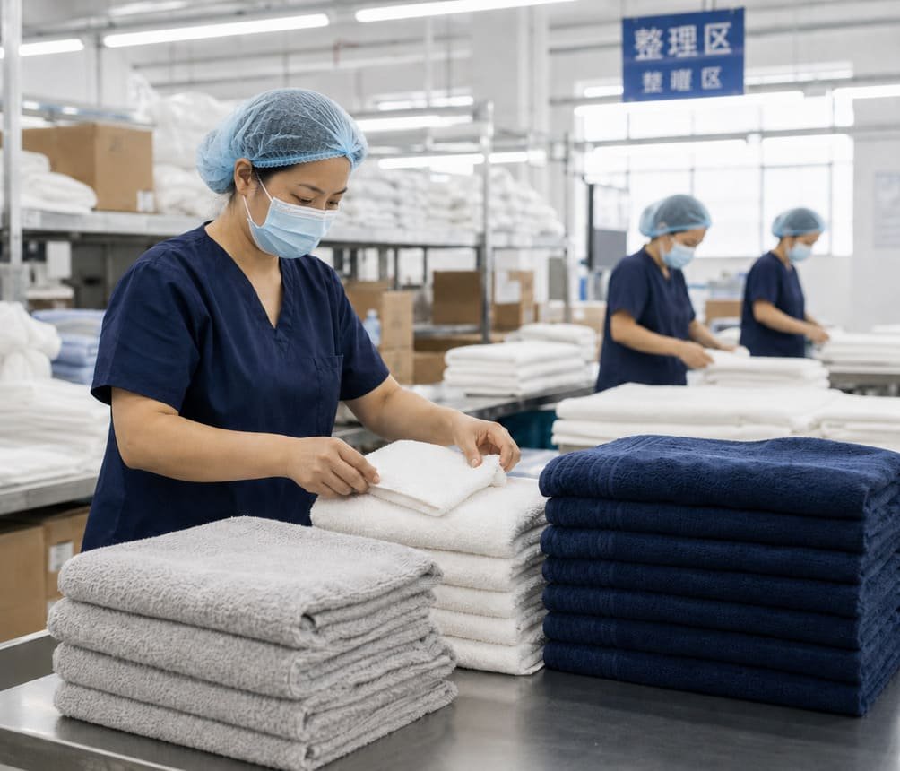 Home textile products being inspected and prepared for packing