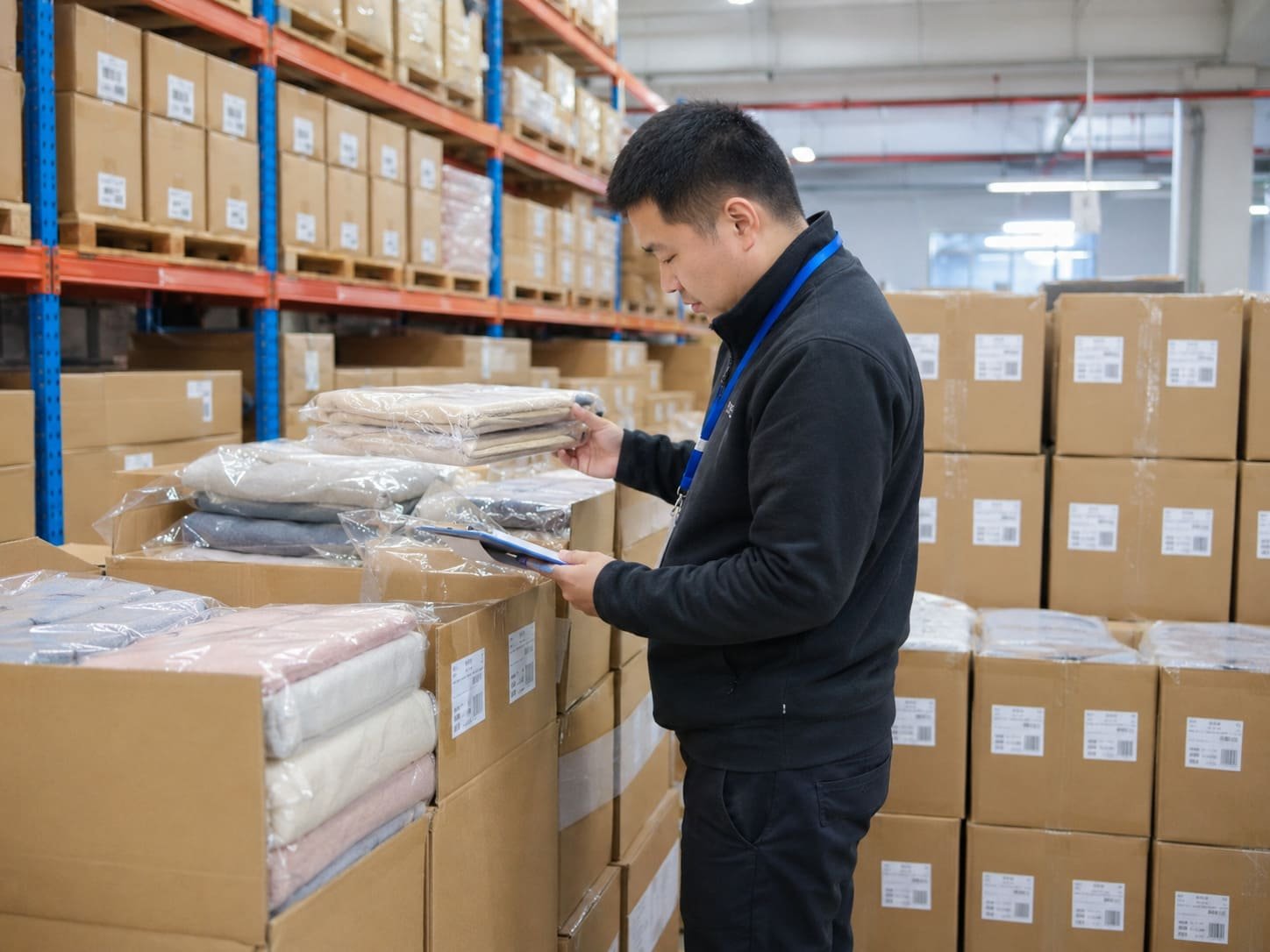 Packed home textile goods being checked before shipment