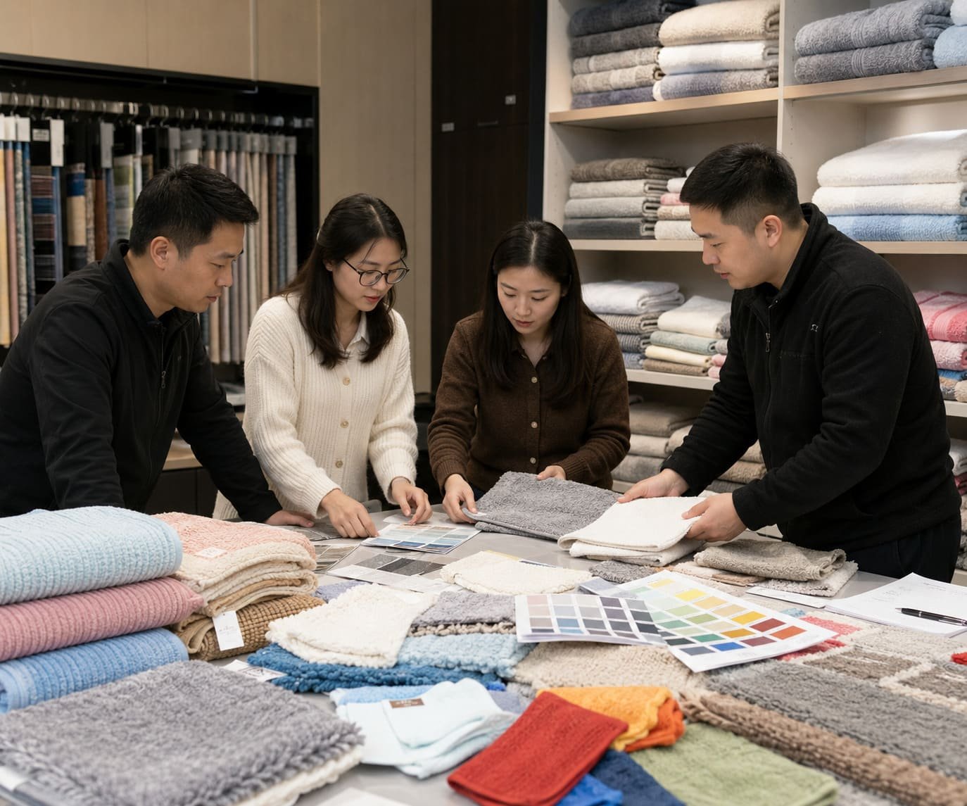 Chinese home textile staff reviewing product samples and specifications