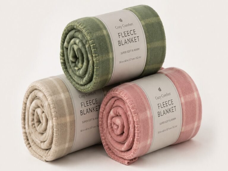 Rolled plaid fleece blankets in sage green, beige and pink