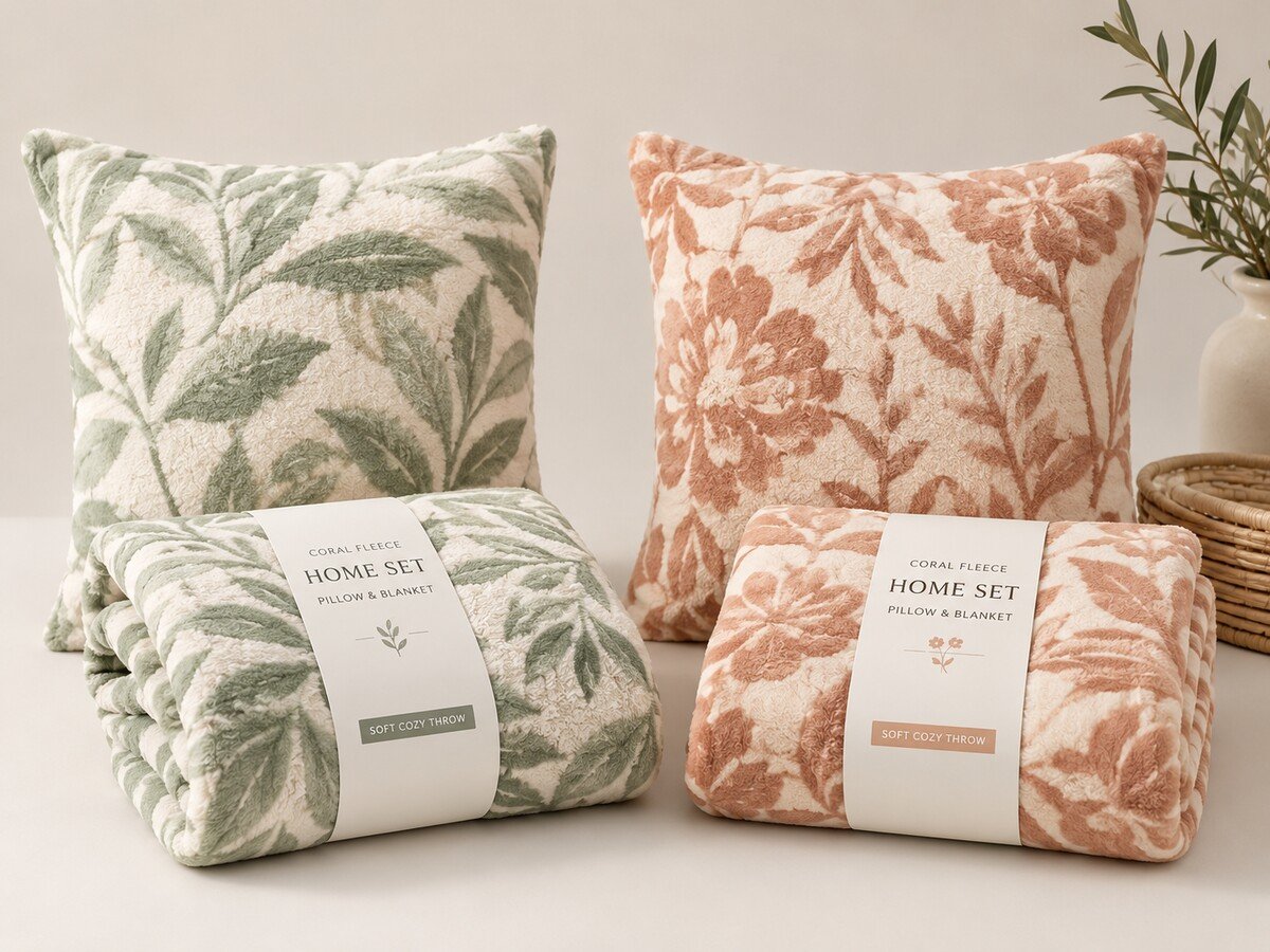 BL-20 Printed Coral Fleece Blanket and Cushion Set